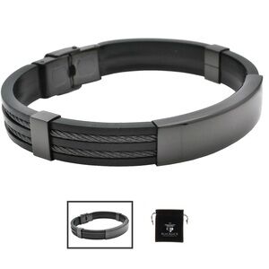 Men’s Black Silicone Black Stainless Steel Wire Bangle ID Bracelet BLACKJACK